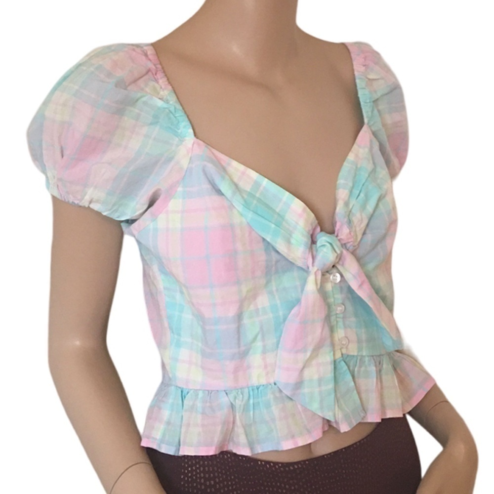 NORDSTROM ABOUND Blouse Pretty Pastel Plaid Tartan Cotton Top Front Bow Tie